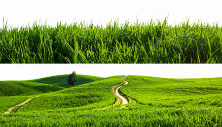 Green grass and road isolated on white background. Collage of nature.の素材