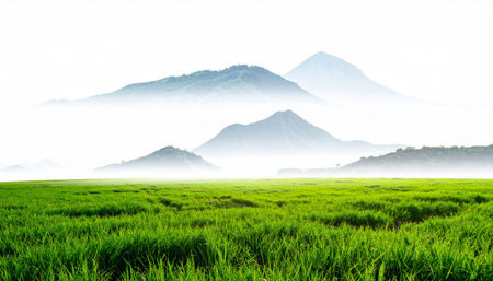 Beautiful green rice field with mountain background in foggy morning.の素材