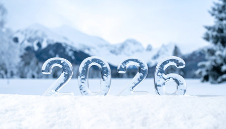 Happy new year and merry christmas greeting card with number 2016 on snow in mountainsの素材