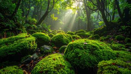 Beautiful green moss in the forest with sunlight in the morning.の素材