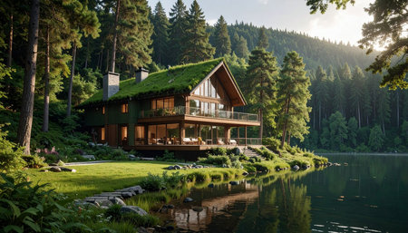 Beautiful wooden house on the lake in the mountains. Summer landscapeの素材
