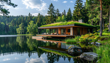 Beautiful wooden house on the shore of a lake in the forestの素材