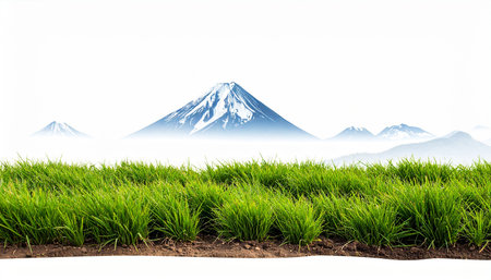 Rice field and Mt. Fuji isolated on white background with clipping pathの素材