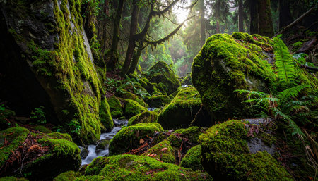 Mossy rocks and stream in the rainforest of New Zealandの素材