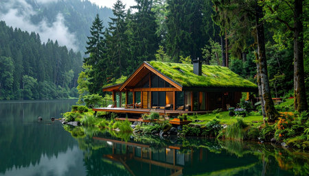 Wooden house on the lake in the Carpathian mountains.の素材