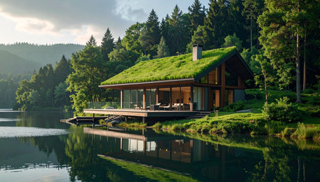 Wooden house on the shore of mountain lake with green grass.の素材