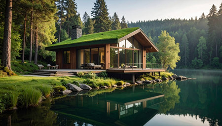 Luxury house on the lake in the forest. Wooden house on the lake.の素材