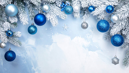 Christmas greeting card with blue and silver baubles and snowflakes.の素材