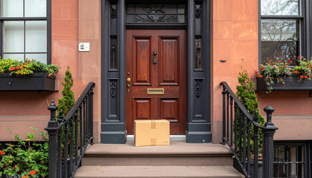 Entrance to a home with a box on the stairs in New York Cityの素材
