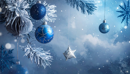 Blue christmas tree decoration with snowflakes on blue background.の素材