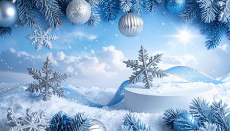 Christmas background with blue balls and snowflakes. 3D illustration.の素材