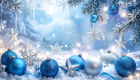 Christmas background with blue and silver decorations, snow and fir branches.の素材
