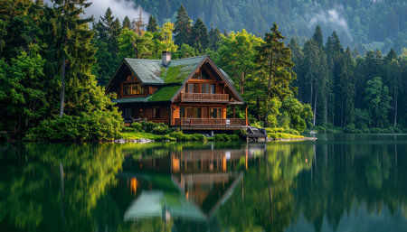 Houses on the shore of a mountain lake in the Alps.の素材