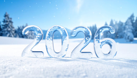 Happy New Year 2016 greeting card. Winter background with snow and treesの素材