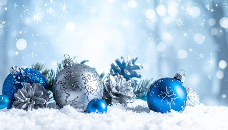 Blue and silver Christmas ornaments on snow with bokeh backgroundの素材