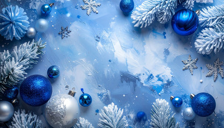 Christmas background with blue and silver ornaments and snowflakesの素材
