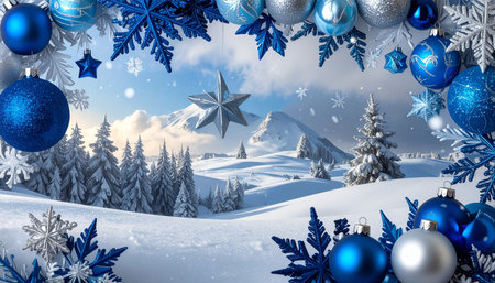 Winter landscape with blue Christmas balls and snowflakes. 3d illustration.の素材