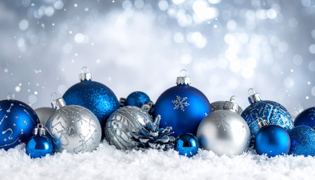 Blue and silver christmas ornaments on snow with bokeh backgroundの素材