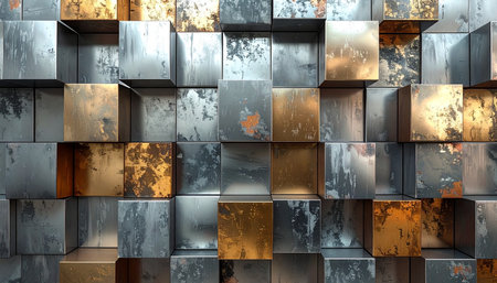 3d rendering of a lot of metallic cubes in a chaotic patternの素材