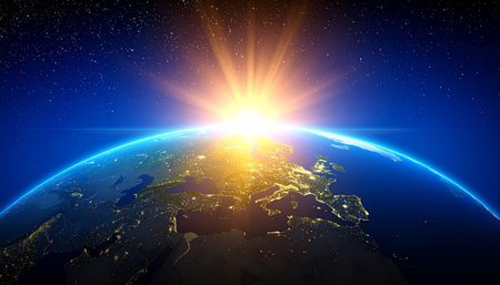 Sunrise over planet Earth. Elements of this image furnished by NASAの素材