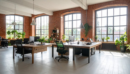 Modern office interior with brick wall and wooden floor. Nobody inside.の素材