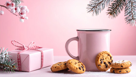 Cup of coffee with chocolate chip cookies and gift box on pink backgroundの素材