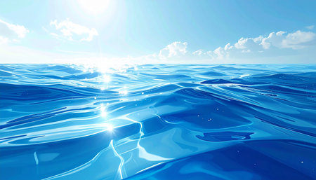 Blue sea water surface with sun rays. 3d render illustration.の素材