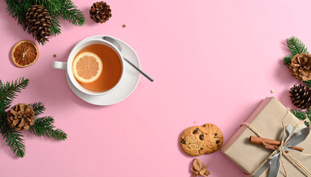 Christmas composition. Cup of tea, cookies, fir branches on pink background. Flat lay, top view, copy spaceの素材