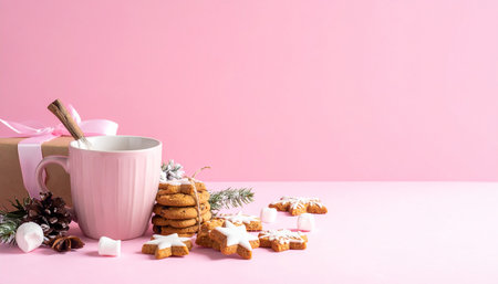 Christmas composition with cup of hot drink and gingerbread cookies on pink backgroundの素材