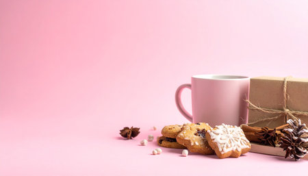 Cup of coffee with cookies and christmas decoration on pink backgroundの素材
