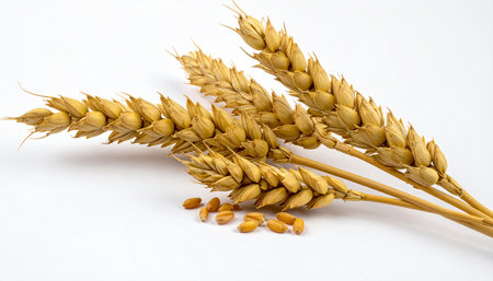 Ears of wheat on a white background close-up, isolatedの素材