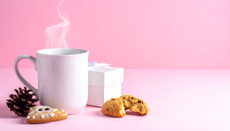 Cup of coffee with cookies and gift box on pink background.の素材