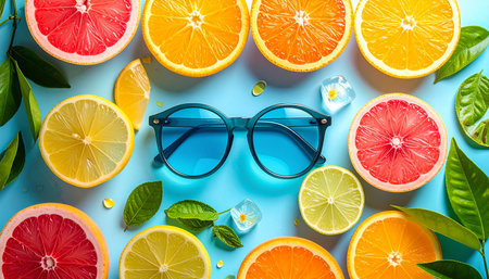 Creative layout made of citrus fruits and sunglasses on blue background. Flat lay.の素材