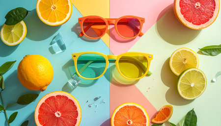Creative layout made of citrus fruits and sunglasses on colorful background. Flat lay, top viewの素材