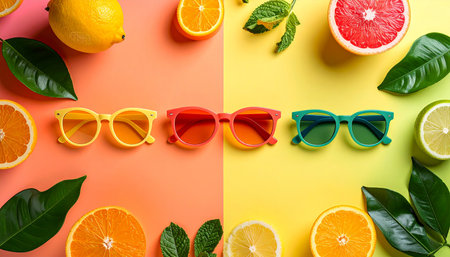 Creative layout made of citrus fruits and sunglasses on colorful background.の素材