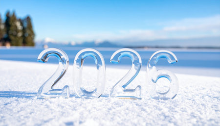 New Year's card with numbers 2020 on the snow in the mountainsの素材