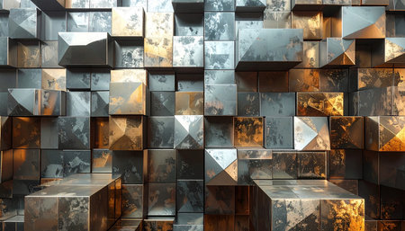 3d rendering of abstract geometric shape made of glass cubes. Cubes in empty roomの素材