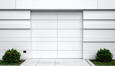 White metal door and green grass on the floor. Background and texture.の素材