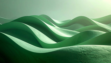 Abstract green wavy landscape with soft light and textured surfaces creating a serene and flowing visual.の素材