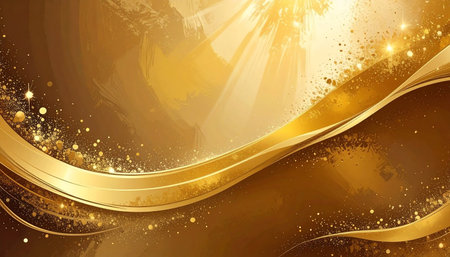 Abstract golden waves and sparkling particles with soft light rays create a luxurious and festive background.の素材