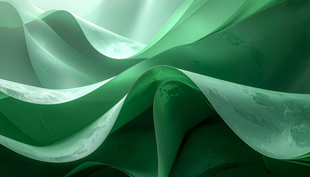 Abstract flowing green waves with textured surfaces and soft light creating a sense of depth and movement.の素材