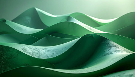 Abstract undulating green waves with textured surfaces and soft ambient light creating organic shapes and curves.の素材