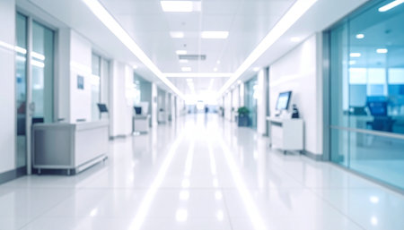 A blurred, bright white modern hallway with glass windows and a highly reflective floor.の素材