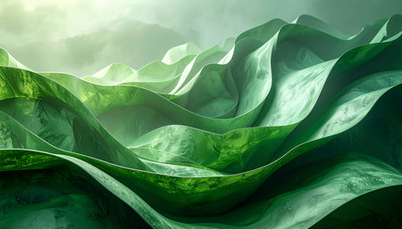 Abstract green organic waves flow in a landscape with soft light and mist creating a serene atmosphere.の素材