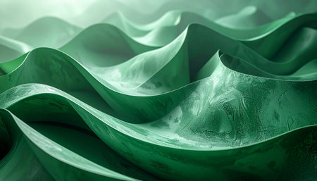 Abstract green wavy forms with textured surfaces and soft lighting, showcasing organic and flowing shapes.の素材