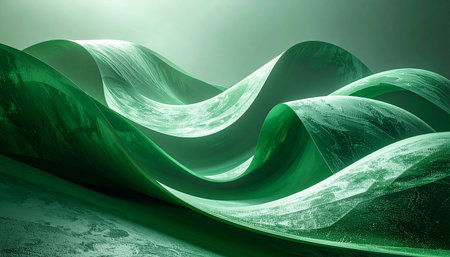 Deep green abstract landscape with flowing curves and marbled textures illuminated by soft light.の素材