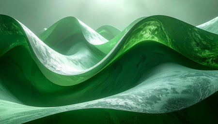 Abstract green rolling hills with textured surfaces and diffused light, evoking a sense of organic flow.の素材