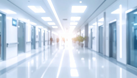 Blurred perspective of a bright modern hallway with glass doors and polished floor.の素材