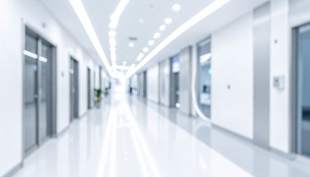 A bright, empty, modern white hallway with polished floors and glass doors. Clear details and vibrant colors enhance ...の素材