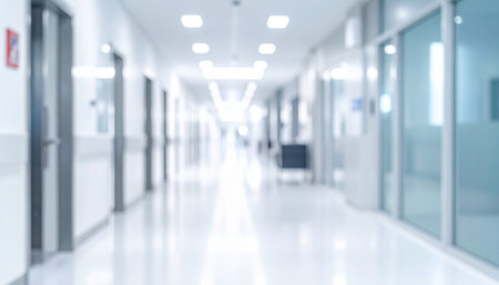 Blurred hospital corridor with doors, glass panels, and bright overhead lights. Clear details and vibrant colors enha...の素材